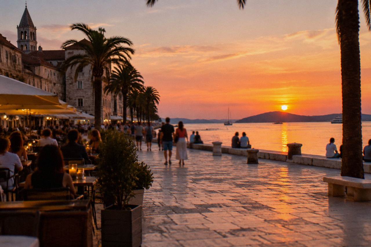 Evening view over a stone square in Split old town with cafe tables and people walking
