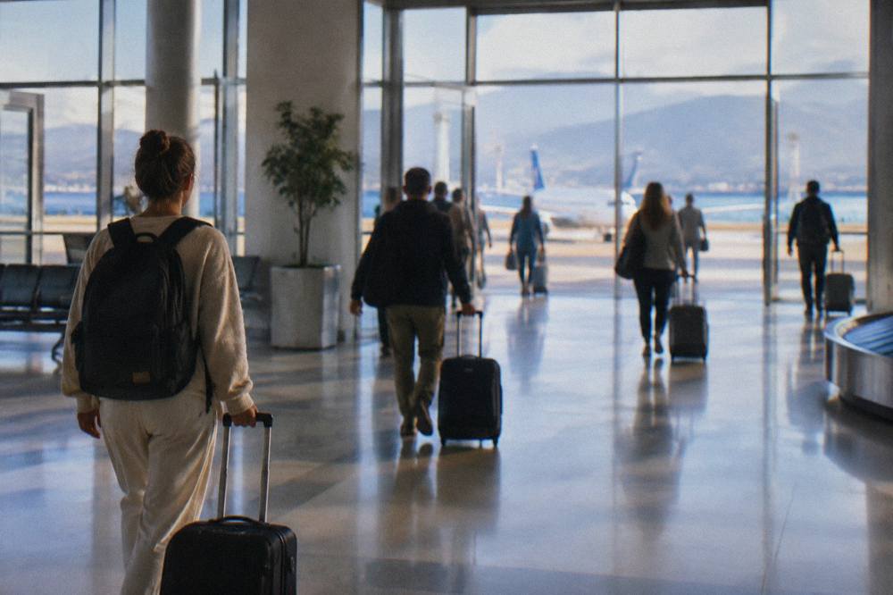 Passengers with suitcases walking through the arrivals hall of a small Mediterranean airport