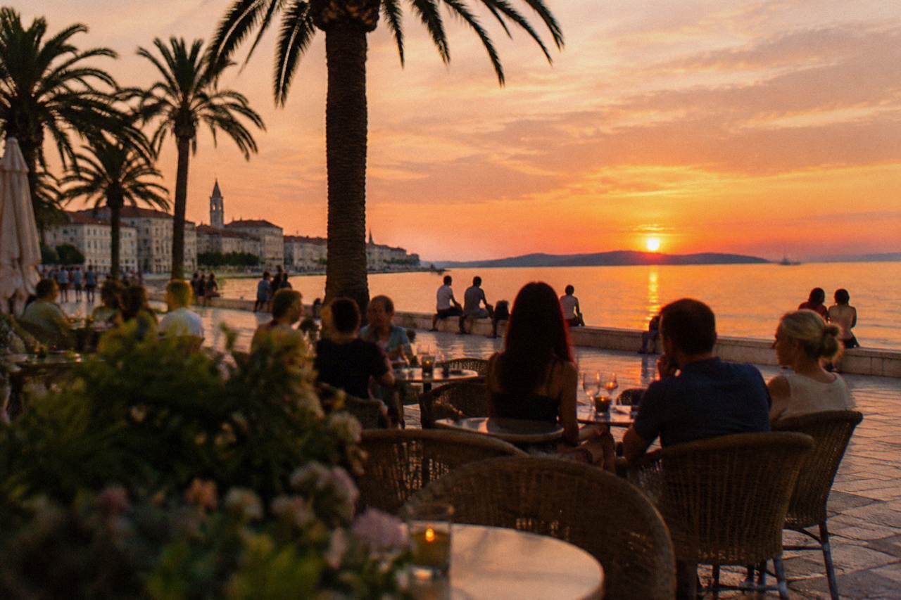 A cafe terrace on a stone square in Split with people talking in the evening sun