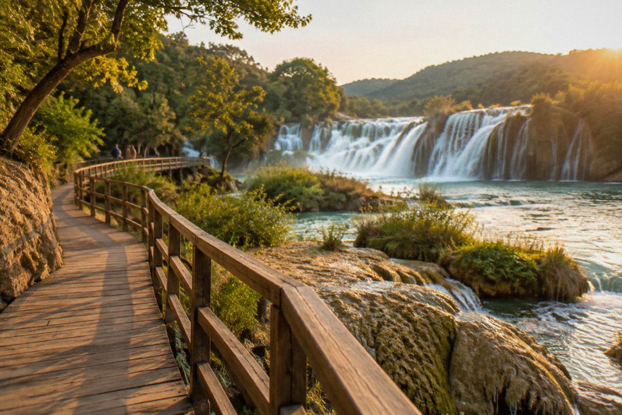 Wooden boardwalks curving along the travertine barriers of Krka National Park with waterfalls in the background