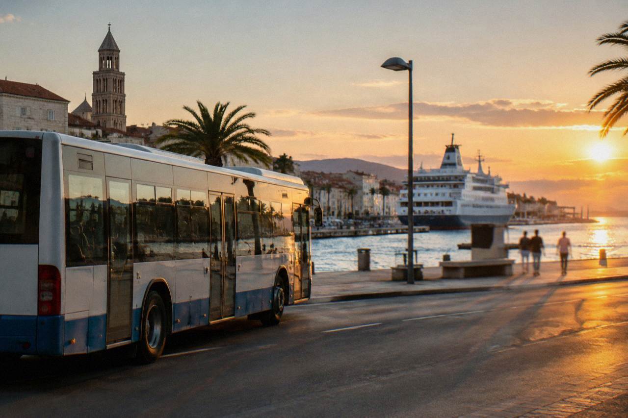 A city bus parked at a stop near the Split waterfront with the ferry port in the background