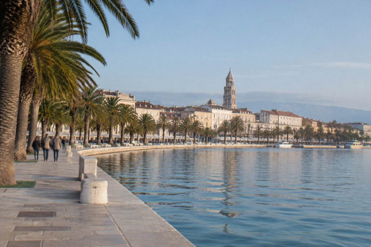 Split waterfront promenade with palm trees and the old city behind it on a clear afternoon
