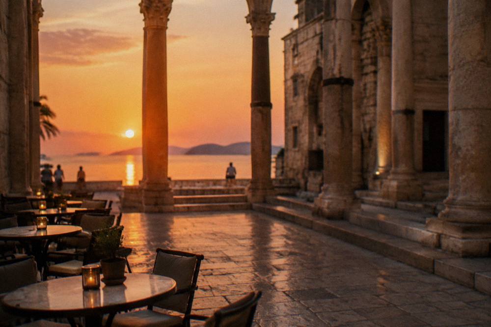 Evening light on the Peristyle courtyard of Diocletian's Palace with stone columns and cafe tables