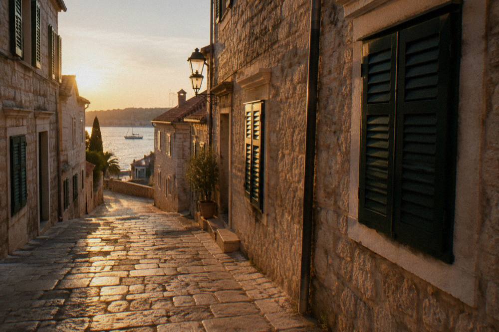 A stone street in Hvar town in the morning with shutters closed and nobody around