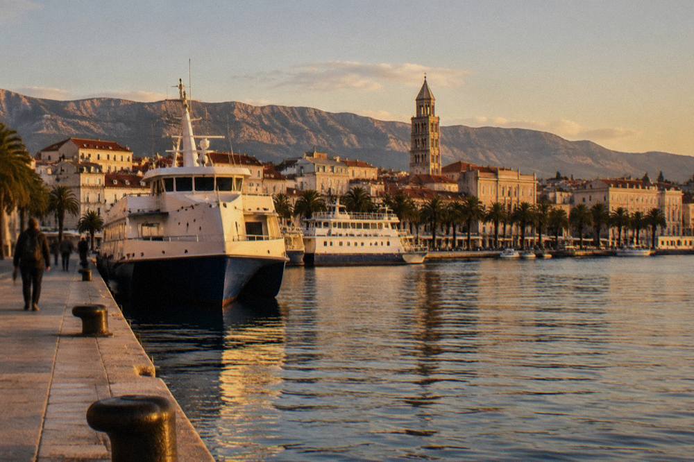 Ferry boats moored along the Split waterfront promenade with the old town behind them