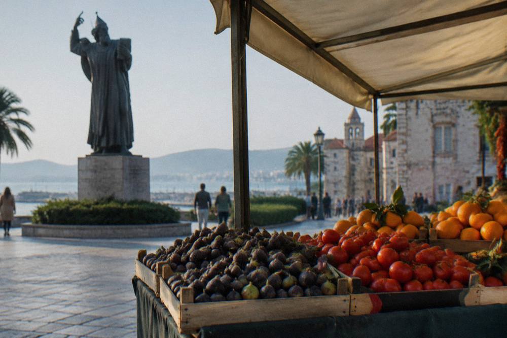 A market stall filled with fresh figs, tomatoes and oranges under a canvas awning