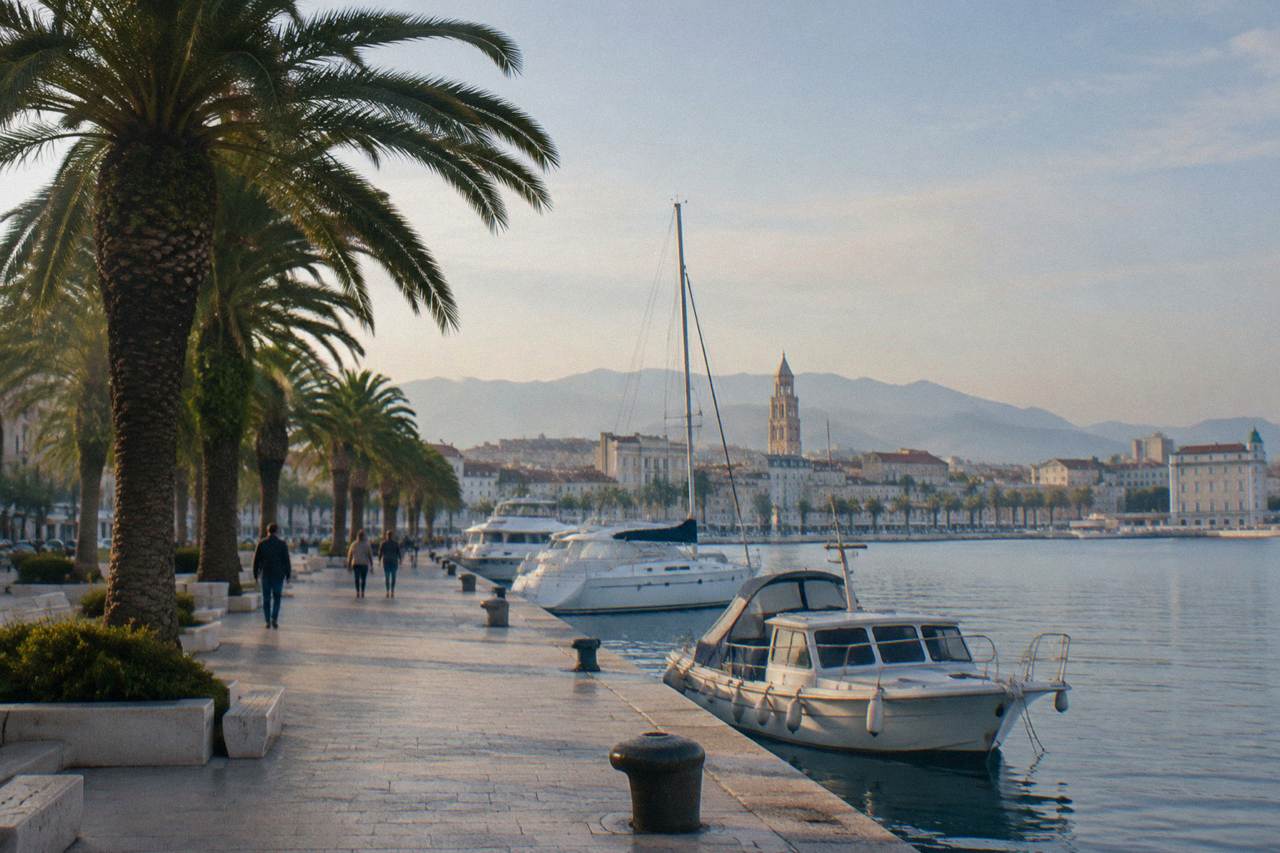 The Riva waterfront promenade in Split lined with palm trees, with boats moored along the Adriatic shore