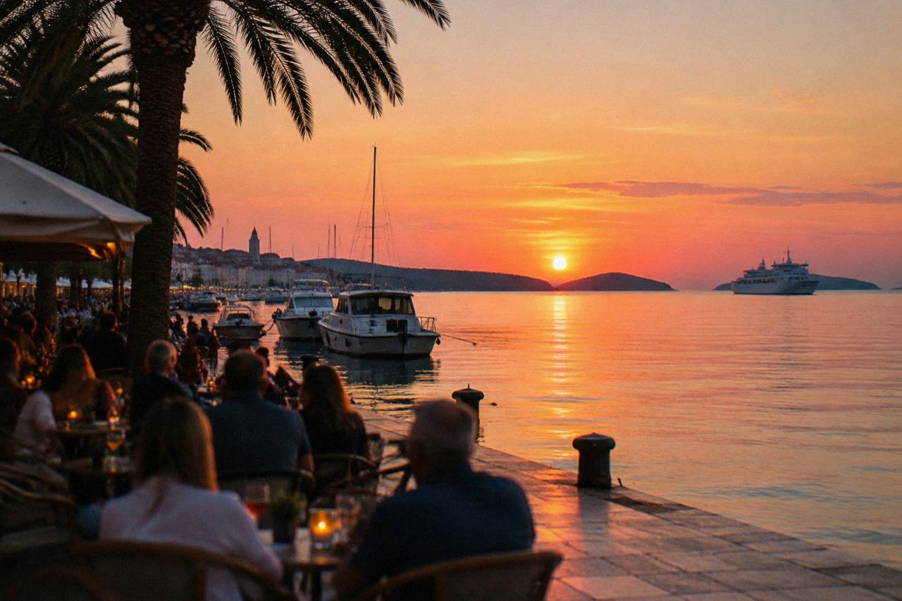 Evening crowds seated at cafe tables along the stone waterfront promenade in Split with palm trees and moored boats