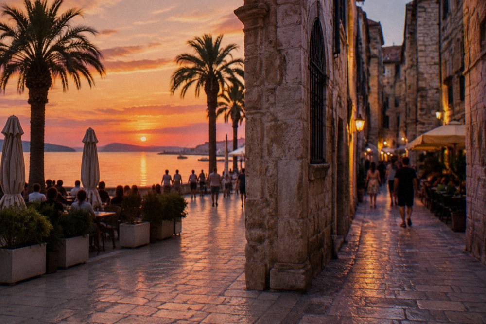 Narrow stone lane inside Diocletian's Palace in Split with cafés and shoppers in the evening