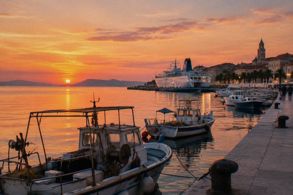 Fishing boats and ferry terminals along the waterfront promenade in Split at dusk