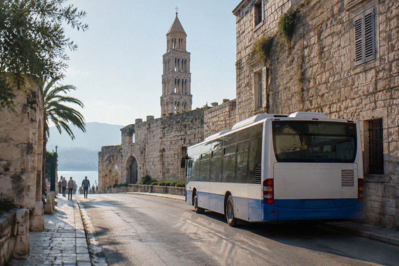 A city bus parked on a street beside the stone walls of Split's old town on a sunny morning