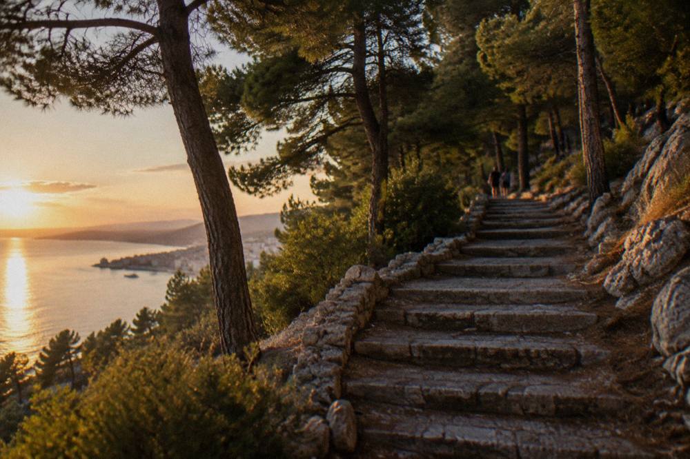 Stone steps climbing through pine trees on the Marjan peninsula above the sea