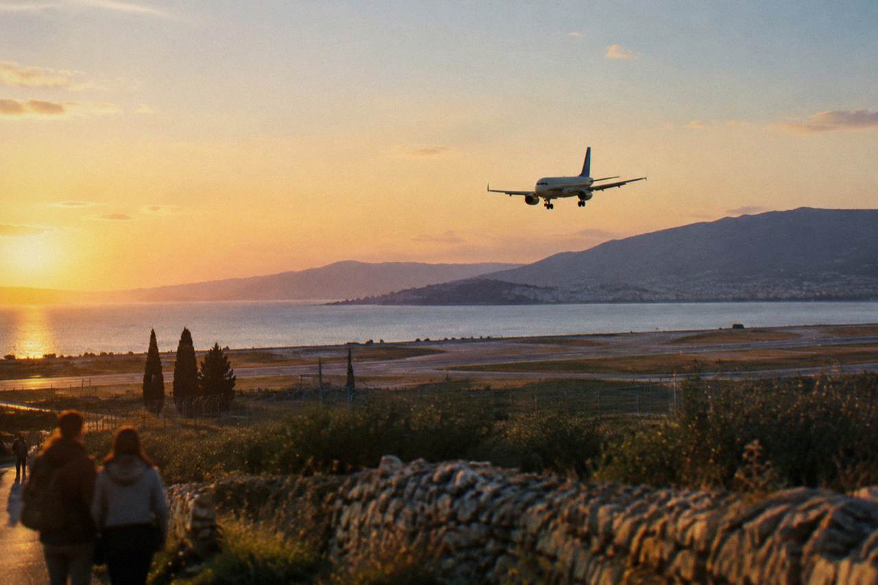 A passenger plane descending over the Adriatic coastline toward an airport runway near Split