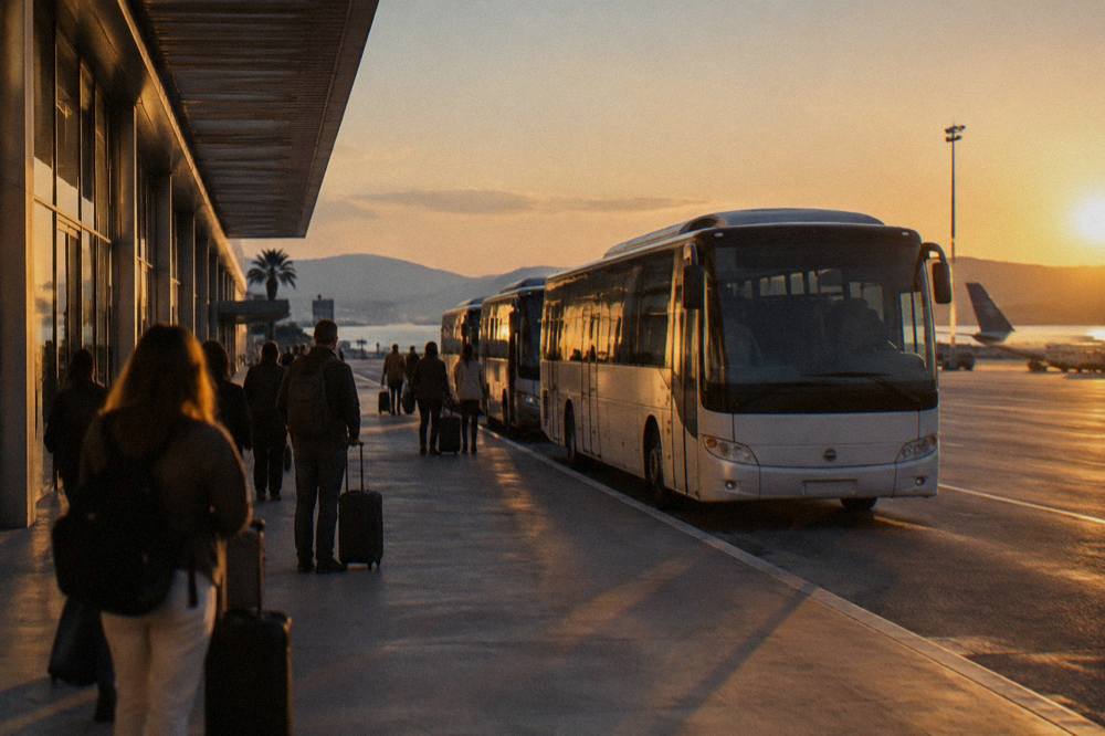 Buses lined up outside a terminal building at a coastal airport with passengers waiting with luggage