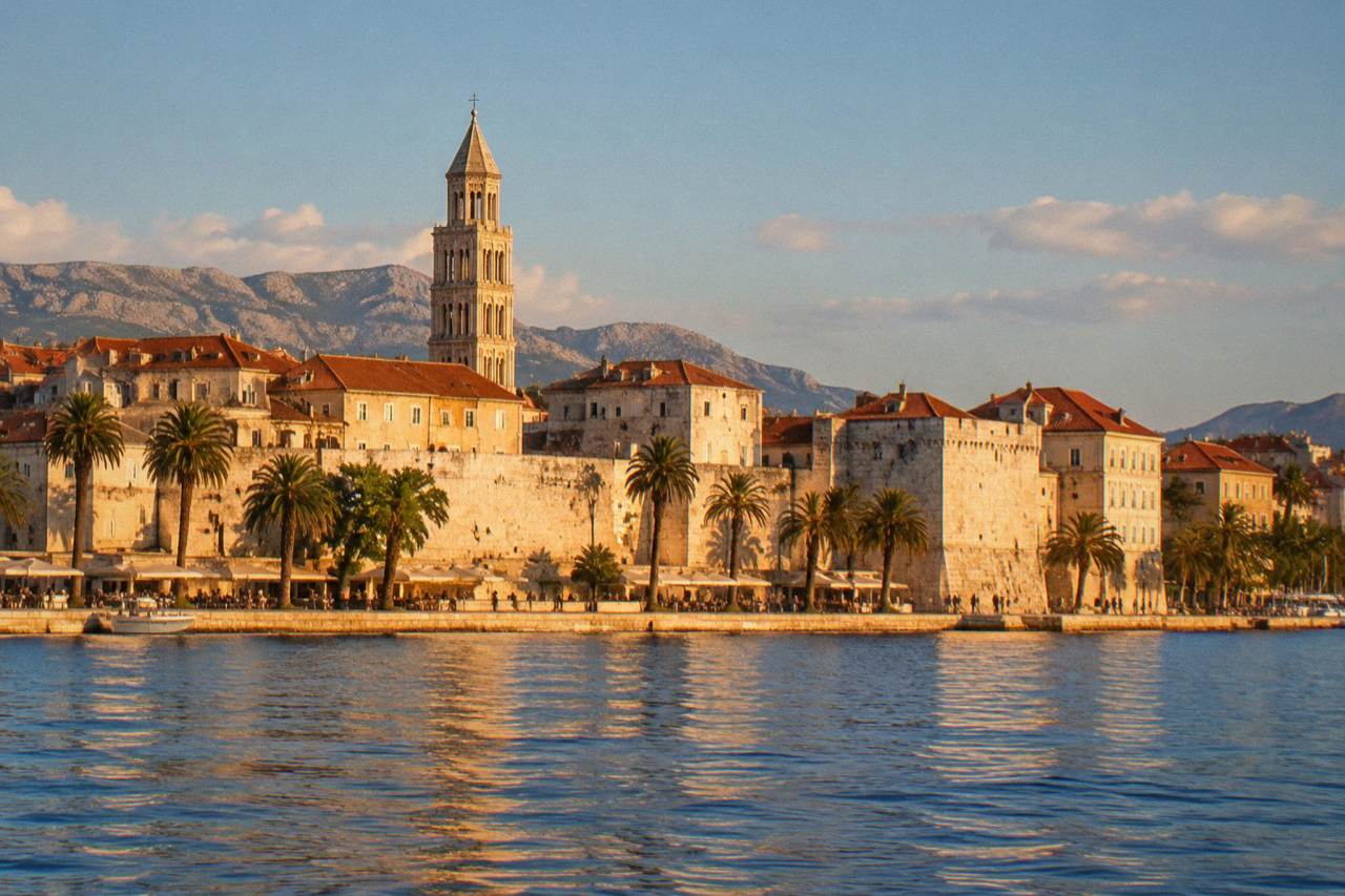 The stone walls and terracotta roofs of Split old town seen from the sea on a bright morning