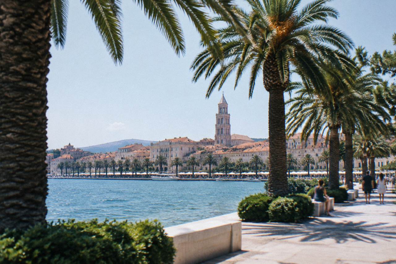 The Split Riva promenade on a clear day with palm trees, the sea and the cathedral bell tower behind the old town rooftops