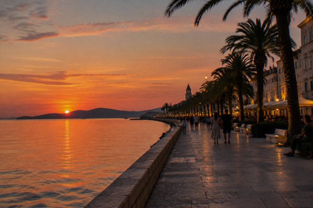 Evening lights along the Split seafront promenade with palm trees and stone buildings