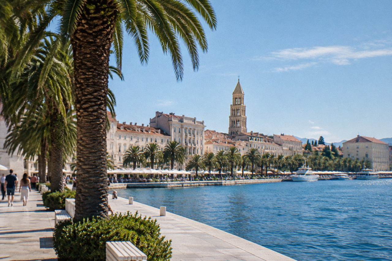Stone buildings and a church tower rising above a small Dalmatian waterfront town