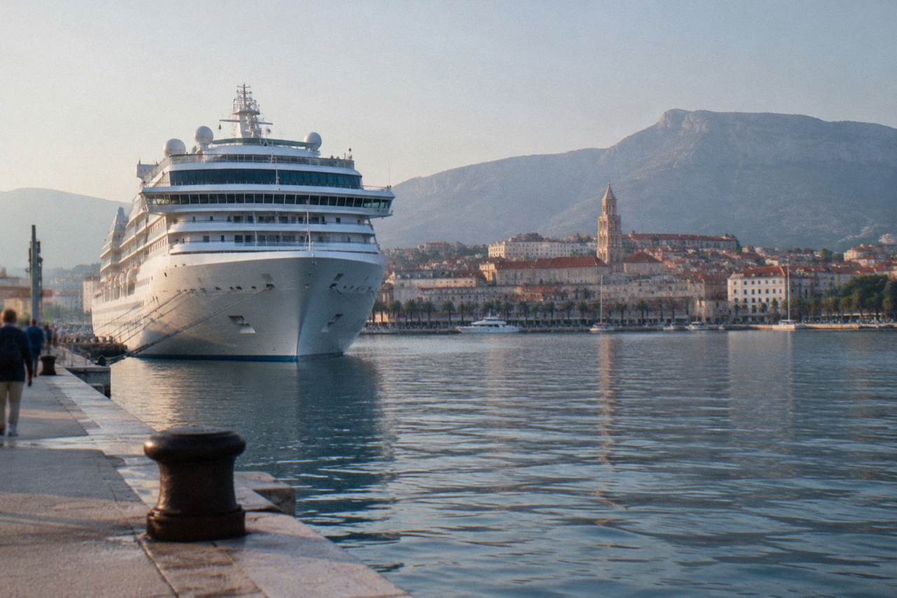 A cruise ship tied up at the Split ferry port with the Old Town rooftops and hills behind it