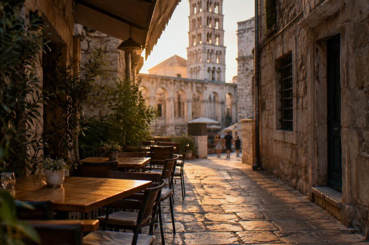 A shaded stone street terrace with simple tables and chairs near Split's old town