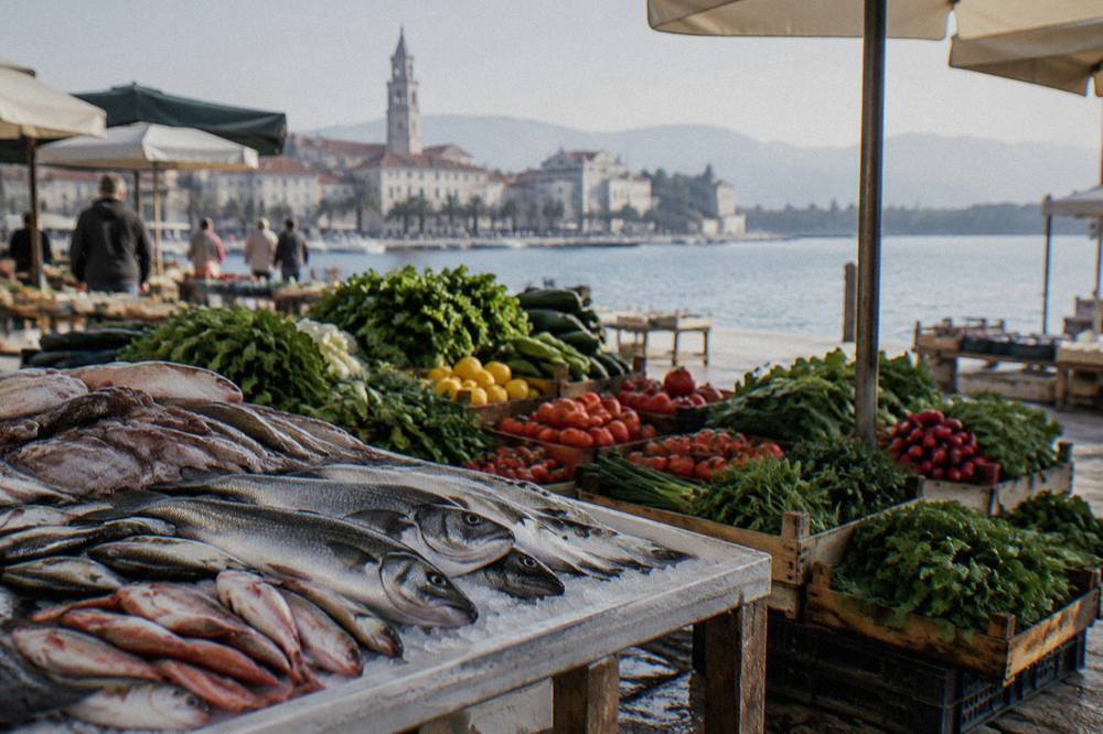 Fresh fish and vegetables laid out on a Dalmatian market stall in the morning