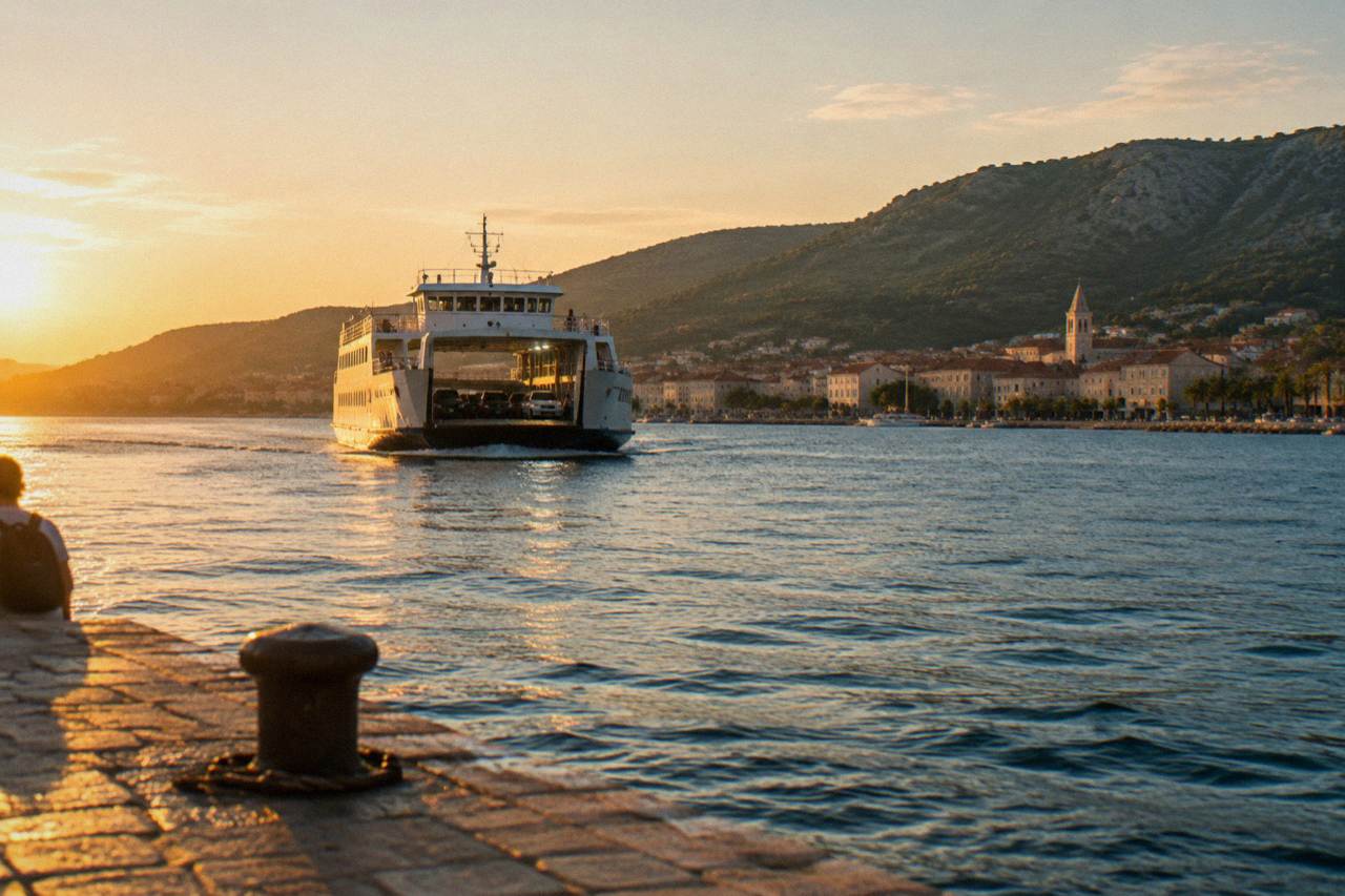 A car ferry approaching a waterfront town on a Dalmatian island with hills behind it