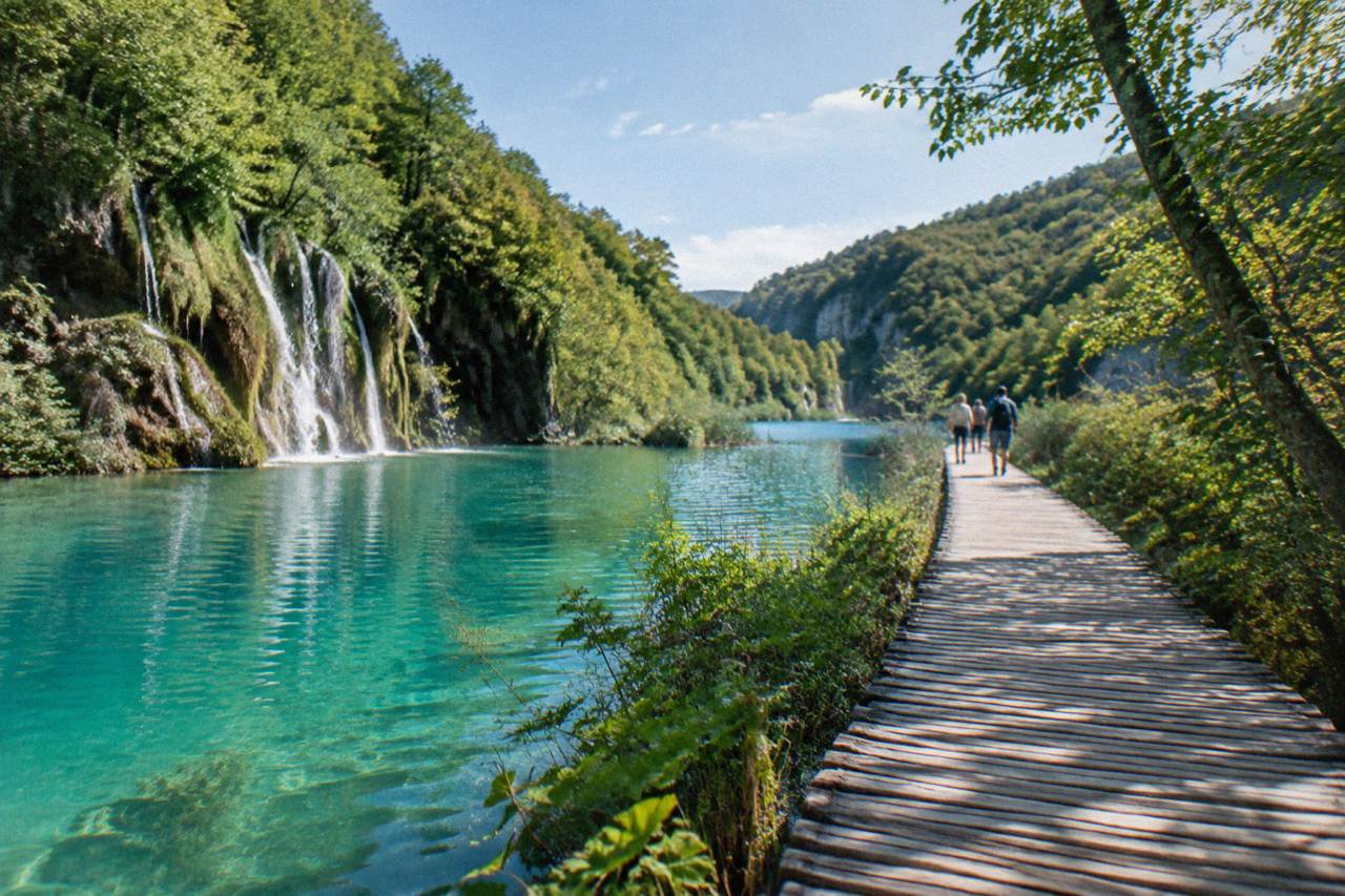 Wooden walkway crossing a turquoise lake system framed by forested hills