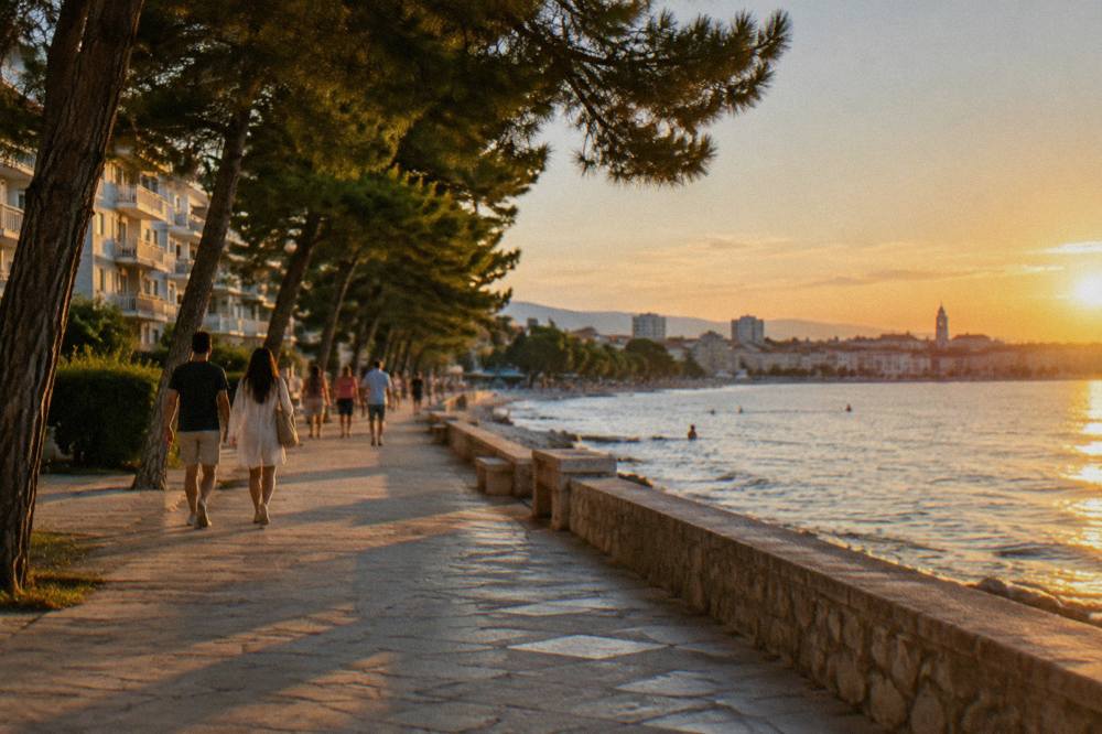 Paved seaside promenade with pine trees and people walking beside apartment blocks