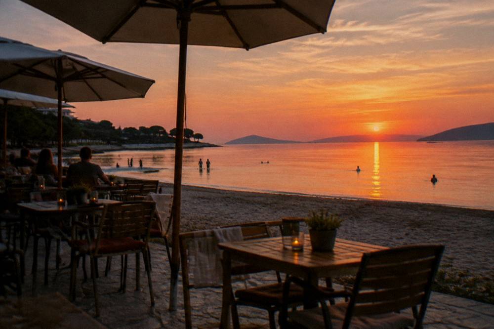 Outdoor cafe tables with umbrellas facing a sandy bay at sunset