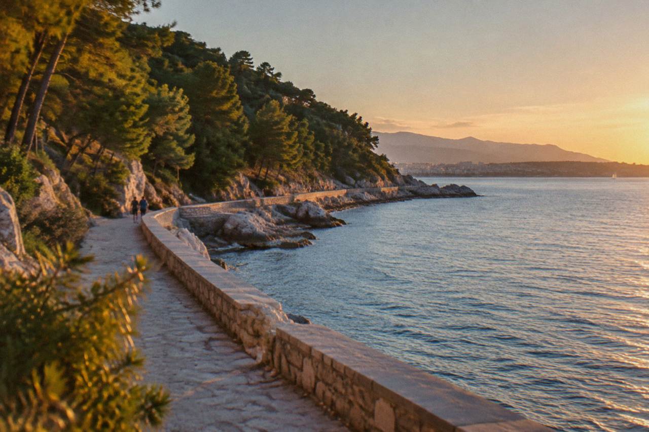A stone seaside promenade below a wooded green hill with calm blue Adriatic water