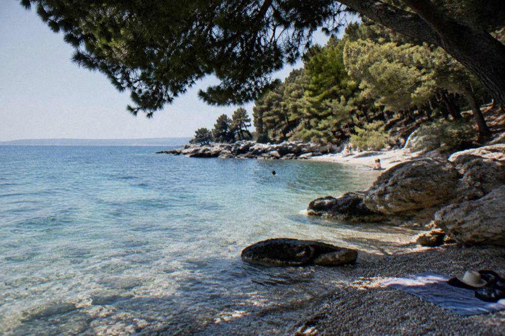 A pebble cove with clear shallow water below pine trees on the Marjan coast