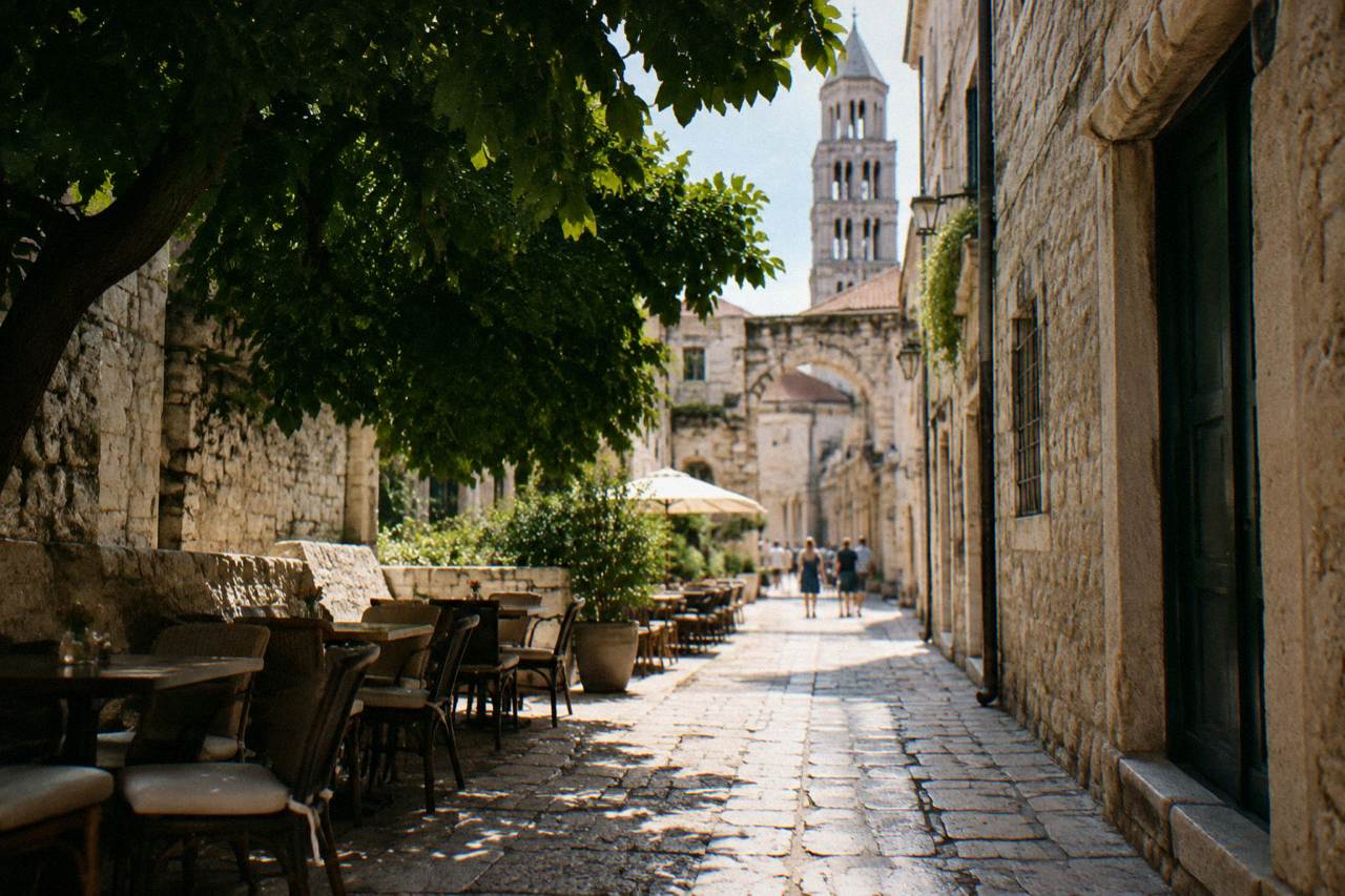 Narrow stone street inside Diocletian's Palace in Split with old limestone walls and café tables
