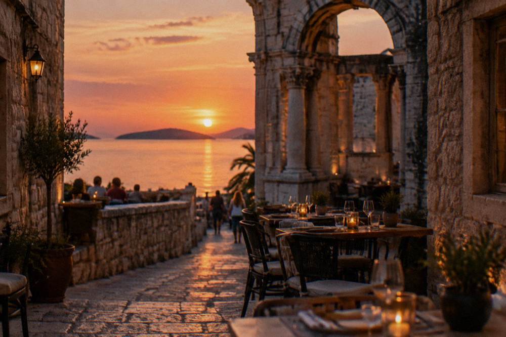 Outdoor restaurant tables in a stone alley of the Split Old Town in evening light