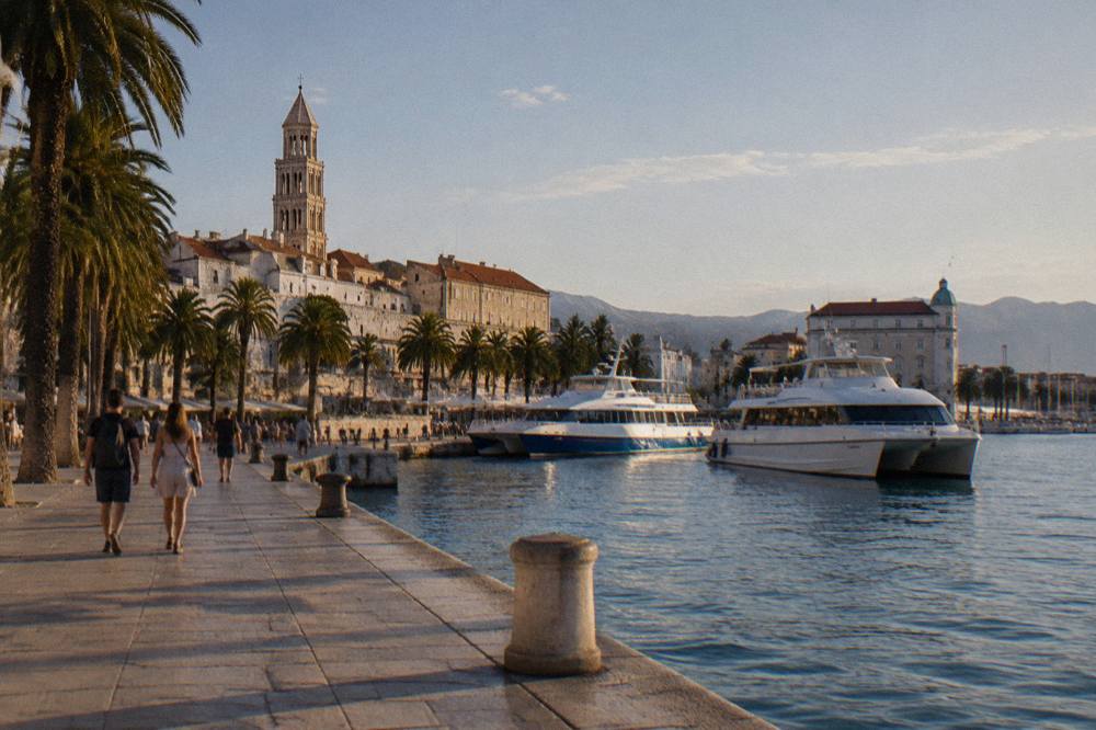 Ferry port and catamarans beside the Riva promenade a short walk from the Split Old Town