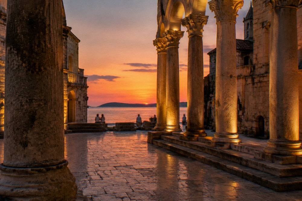 Evening view of the illuminated Peristyle columns in the Split Old Town