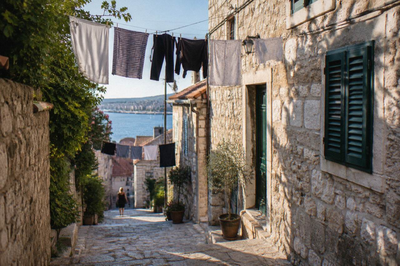 Narrow stone lane in Veli Varos with old houses and laundry strung overhead