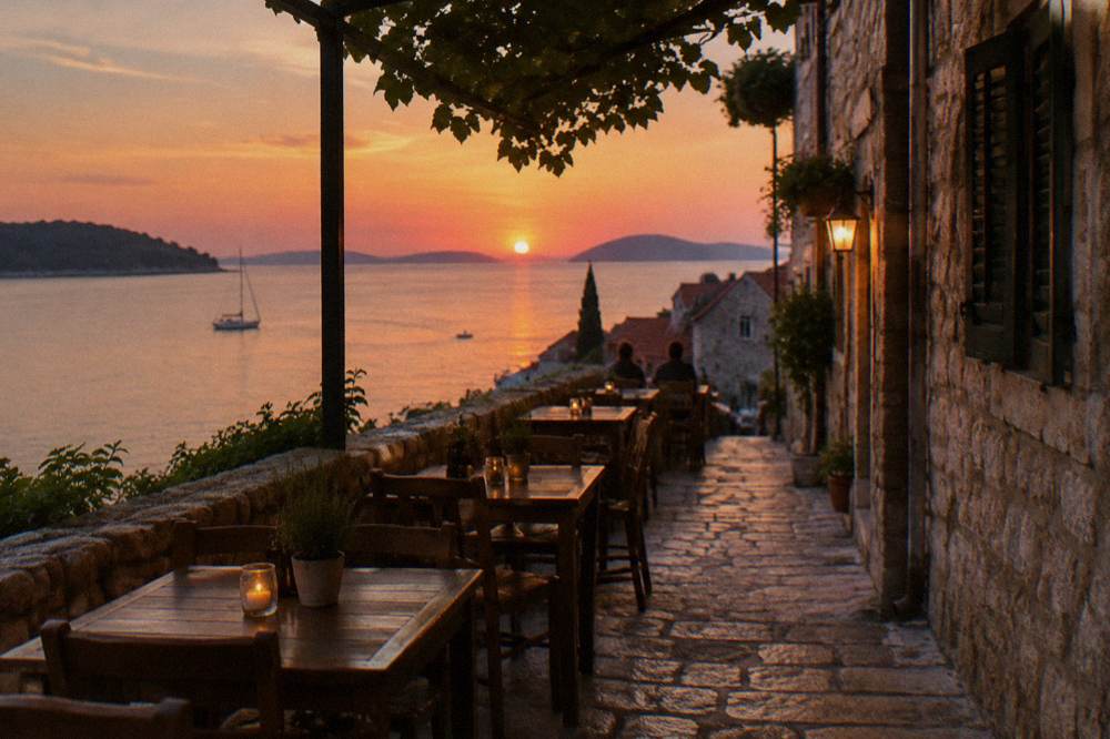 Small konoba terrace with wooden tables set along a stone alley at dusk