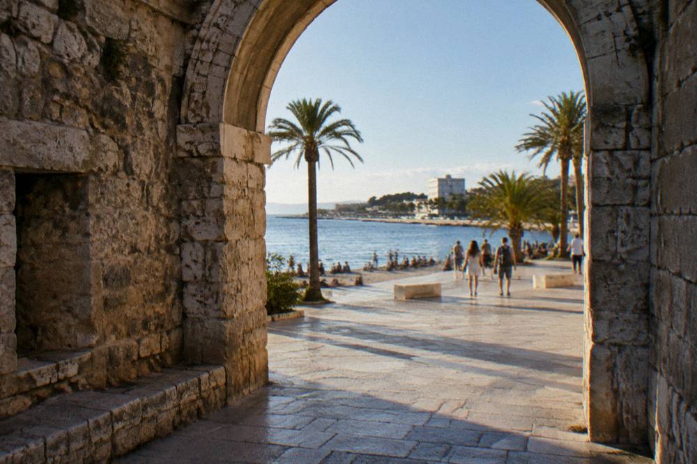 Stone archway of an ancient palace opening onto a sunlit square
