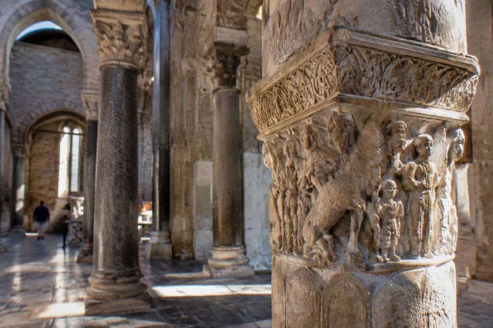 Carved Roman stone details and columns inside the Cathedral of Saint Domnius in Split