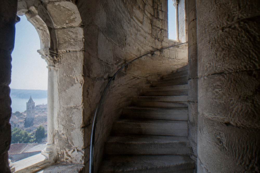 The stone spiral staircase inside the bell tower of the Cathedral of Saint Domnius