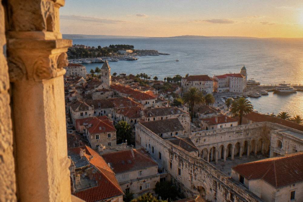The view from the bell tower over the rooftops of Diocletian's Palace and the Adriatic Sea