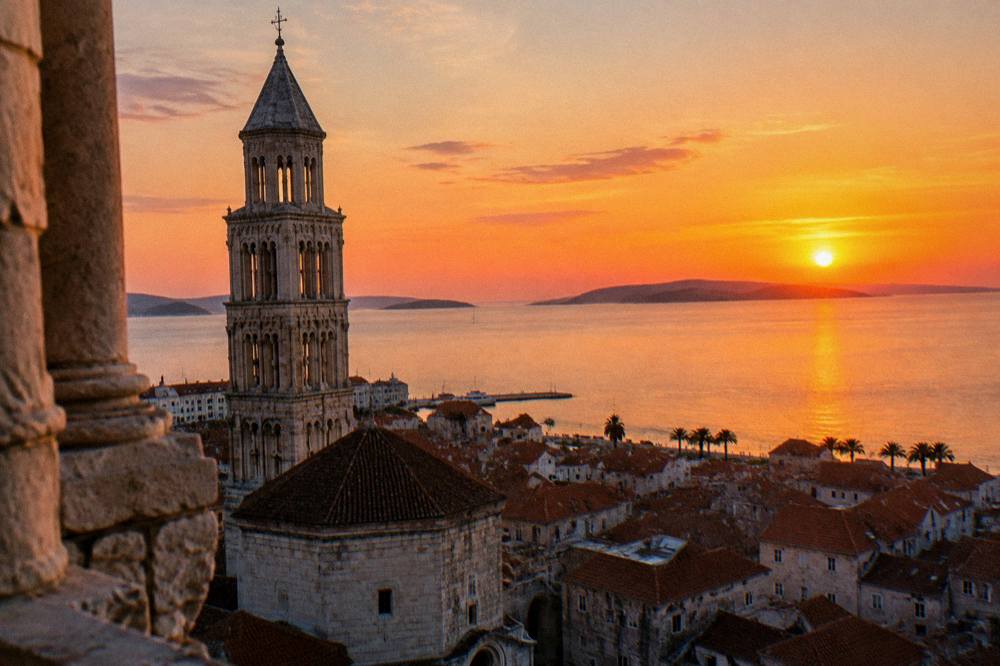 The Split skyline with the cathedral bell tower and the Adriatic islands at sunset
