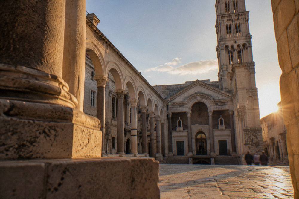 The colonnaded Peristyle courtyard of Diocletian's Palace seen from below the cathedral bell tower
