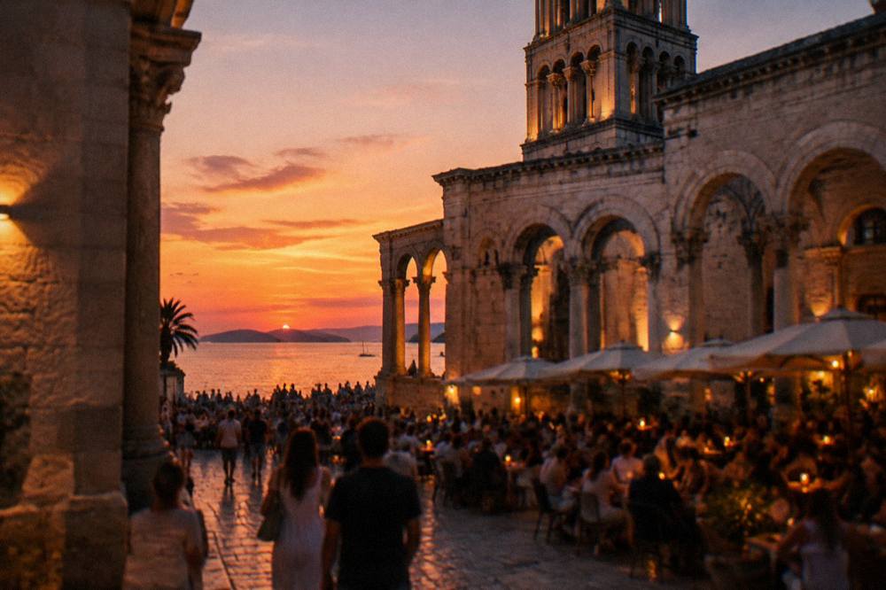 Evening crowds and cafe lights in the old palace courtyard in Split