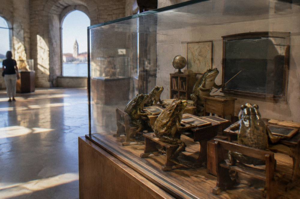 Taxidermied frogs in a miniature classroom scene inside a glass case