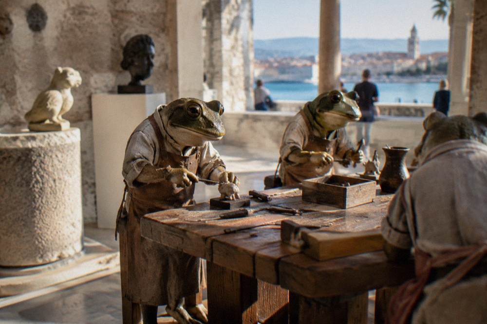 Frogs posed as craftsmen working at a miniature workshop bench