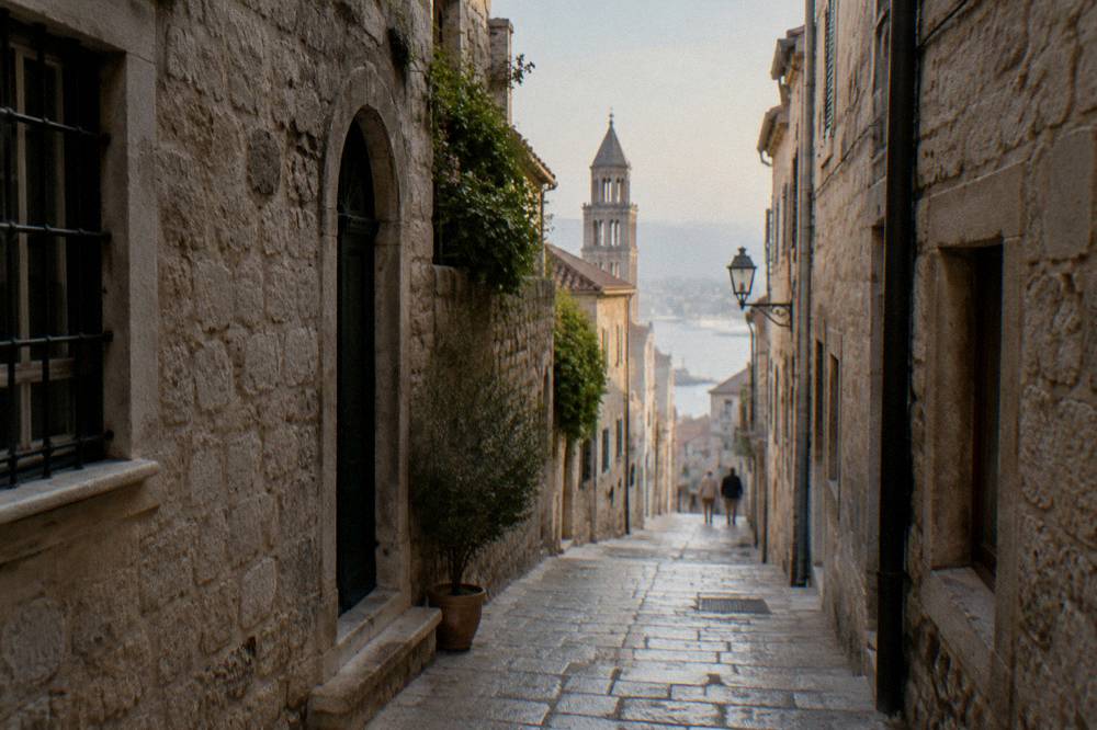 A narrow stone lane in Split Old Town with old buildings on both sides