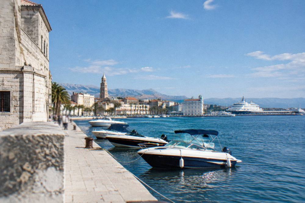 Speedboats moored along the Split waterfront near the ferry port