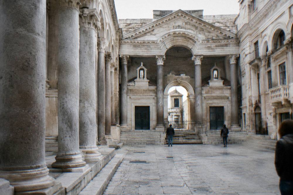 The Peristyle courtyard of Diocletian's Palace with its stone columns in daylight