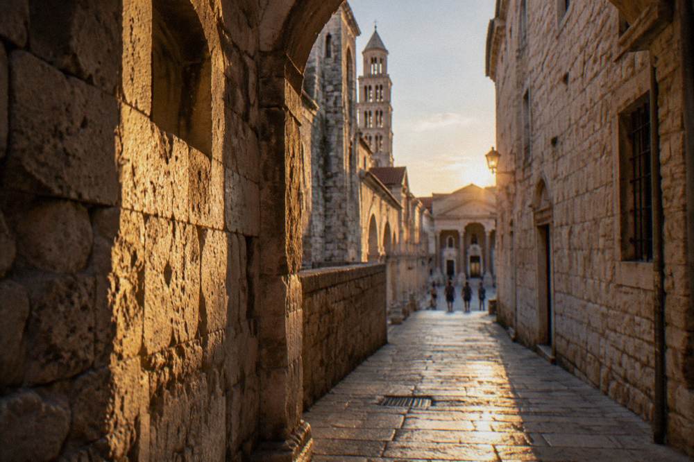 A narrow stone street inside Diocletian's Palace leading away from the Golden Gate toward the Peristyle